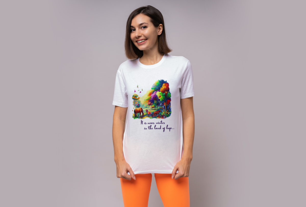 Crew Neck Printed Short Sleeve Cotton Regular Fit or Oversized women t-shirt "It's never winter in the land of hope..."