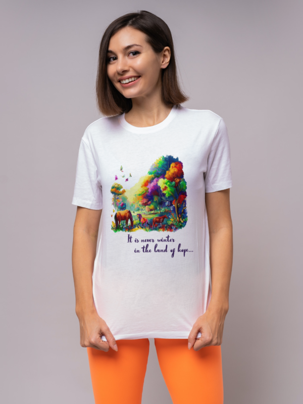 Crew Neck Printed Short Sleeve Cotton Regular Fit or Oversized women t-shirt "It's never winter in the land of hope..."
