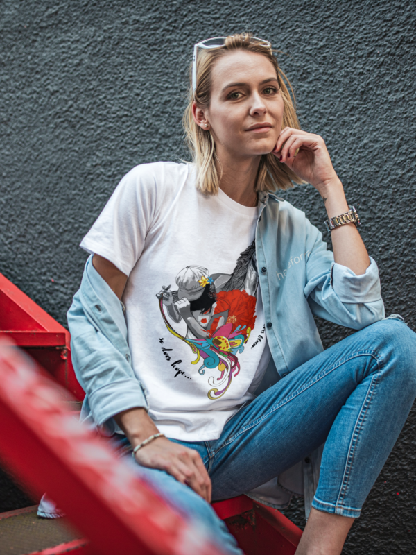 Crew Neck Printed Short Sleeve Cotton Regular Fit or Oversized women t-shirt "Girl with horse"